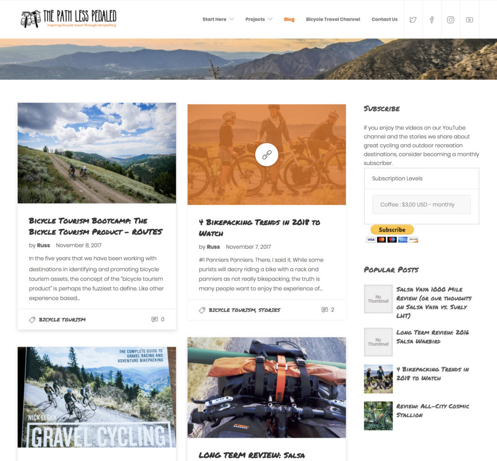 Path Less Pedaled - website travel blog design