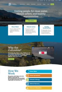 Partial screenshot of Columbia Riverkeeper's new homepage, clearly showing their mission and focus areas for preserving and restoring the Columbia.