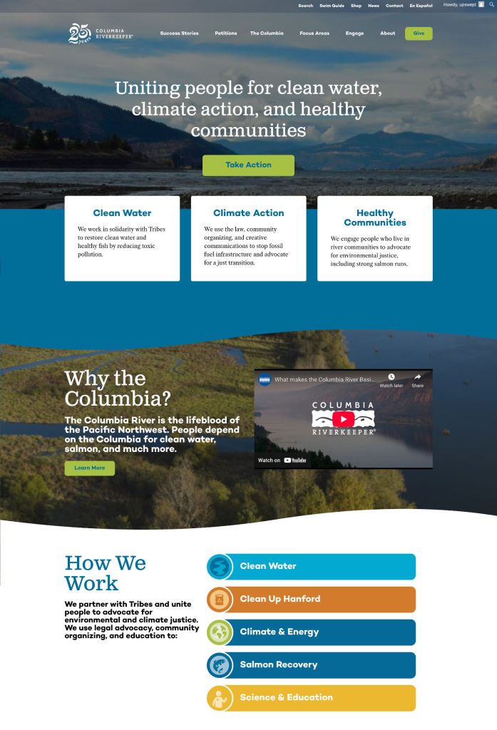 Partial screenshot of Columbia Riverkeeper's new homepage, clearly showing their mission and focus areas for preserving and restoring the Columbia.